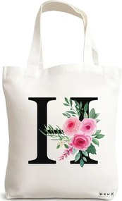 Sacosa de Panza pentru Cumparaturi, Geanta Tote, Cu litera H si Trandafiri, 38x34.5 cm, Alba, BEKZ®