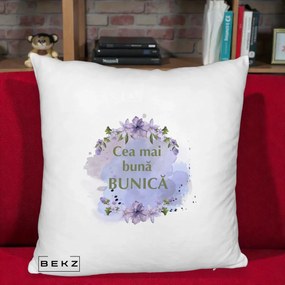 Cadou pentru Bunica - Perna Personalizata Cea Mai Buna Bunica Flori Mov Acuarela Auriu, 40x40 cm, Alb Pufos, Husa Detasabila, Perna Inclusa, BEKZ®