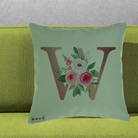 Cadou Personalizat - Perna Personalizata Monograma Rose Gold Litera W cu Trandafiri si Anemona, 40x40 cm, Verde, Husa Detasabila, Perna Inclusa, BEKZ®