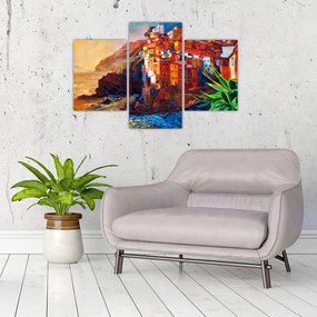 Tablou - Satul de coastă Cinque Terre, Riviera italiană, impresionismul modern (90x60 cm)
