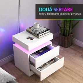 HOMCOM Set 2 Noptiere LED cu 4 Moduri, 2 Sertare, PAL, 45x35x52 cm, Alb Lucios | Aosom Romania