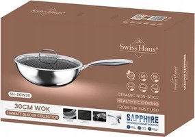 Tigaie wok cu capac Swiss Haus SteelCRAFT SH-ZGW30, 30 cm, 4,8 l, Interior cu relief pentru prajire, Acoperire ceramica Sapphire, Cuptor pana la 260°C, Pentru toate plitele inclusiv inductie, Argintiu