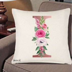 Cadou Personalizat - Perna Personalizata Monograma Rose Gold Litera I, 40x40 cm, Crem Reliefat, Husa Detasabila, Perna Inclusa, BEKZ®