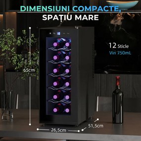 HOMCOM Frigider Termoelectric Dublu pentru 12 Sticle de Vin cu Ușă de Sticlă și Lumină LED, 26,5x51,5x65 cm, Negru | Aosom Romania
