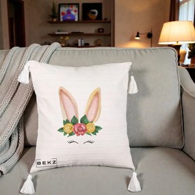 Perna Decorativa Iepuras Flori Urechi Pastelui, 40x40 cm, Bej cu Franjuri, Husa Detasabila, Perna Inclusa, BEKZ®
