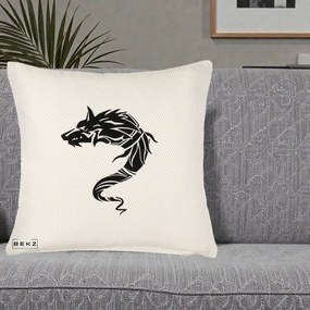Perna Decorativa Lup Tribal Alb-Negru, 40x40 cm, Crem Reliefat, Husa Detasabila, Perna Inclusa, BEKZ®