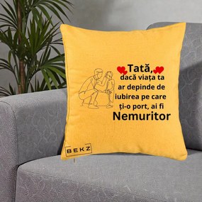 Cadou pentru Tata - Perna Personalizata Tata Nemuritor cu Inimi Rosii, 40x40 cm, Galben, Husa Detasabila, Perna Inclusa, BEKZ®