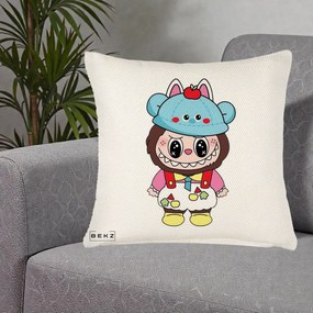 Perna Personalizata Labubu x Urs Albastru Colorat, 40x40 cm, Crem Reliefat, Husa Detasabila, Perna Inclusa, BEKZ®