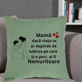 Cadou pentru Mama - Perna Personalizata Mama Nemuritoare Kawaii, 40x40 cm, Verde, Husa Detasabila, Perna Inclusa, BEKZ®