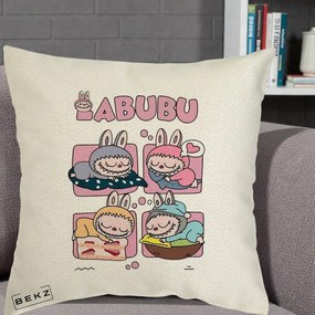 Perna Personalizata Labubu Sleeping Quad Grid, 40x40 cm, Ecru, Husa Detasabila, Perna Inclusa, BEKZ®