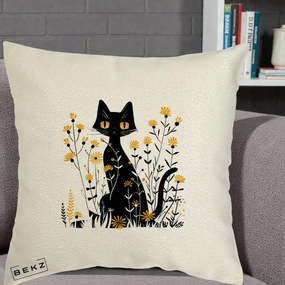 Perna Decorativa Pisica Neagra Ochi Galbeni Flori Galbene, 40x40 cm, Ecru, Husa Detasabila, Perna Inclusa, BEKZ®