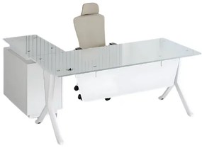 Masă birou in forma de L cu blat din sticla si dulap lateral fix ,design modern și elegant ,calitate premium , dimensiuni 1800*800*750