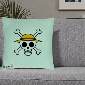 Perna Personalizata One Piece Jolly Roger Straw Hat Pirates, 40x40 cm, Verde Menta, Husa Detasabila, Perna Inclusa, BEKZ®