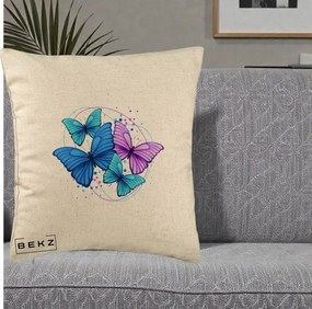 Perna Decorativa Patru Fluturi Turcoaz-Violet, 40x40 cm, Bej, Husa Detasabila, Perna Inclusa, BEKZ®