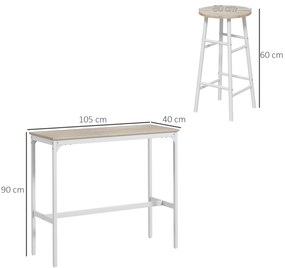 HOMCOM Set masă înaltă de bar + 2 taburete structură din oțel blat aspect lemn natural 2 persoane alb | Aosom Romania