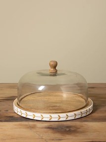 Platou din lemn de mango natur cu capac semisferic din sticlă, model cu frunze pictate manual, 24 × 31 cm, „Boca"