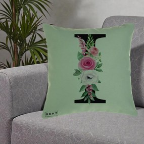 Cadou Personalizat - Perna Personalizata Monograma Florala Litera I, 40x40 cm, Verde, Husa Detasabila, Perna Inclusa, BEKZ®