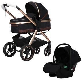 Carucior nou nascuti 3 in 1 NOVOKIDS™ X2000 series, Cu geanta bebe, Cadru Aluminiu Gold, Amortizoare, Roti din cauciuc plin AVE, Landou, Scoica auto,