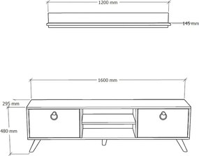 Suport TV ZEN 160 cm cu raft de perete, decor nuc/marmura neagra