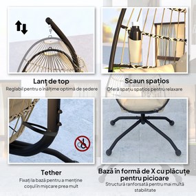 Outsunny Fotoliu Suspendat Tip Ou cu Lanț Reglabil, 2 Perne Detașabile și Suport pentru Pahare, Scaun Balansoar Pliabil pentru Grădină, Bază în X din Oțel, pentru Interior și Exterior, 120x88x192 cm, Bej | Aosom Romania