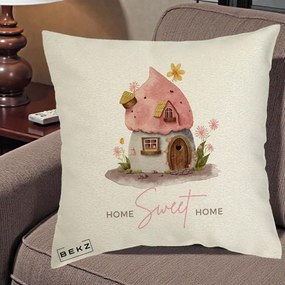 Perna Decorativa Home Sweet Home Casuta, 40x40 cm, Ecru, Husa Detasabila, Perna Inclusa, BEKZ®