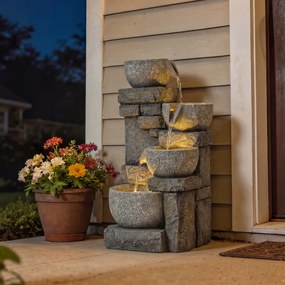 Outsunny Fântână de grădină Cascadă 4 niveluri Decorațiune efect piatră și cărămidă cu iluminare LED 28 x 25 x 54,5 cm Gri | Aosom Romania