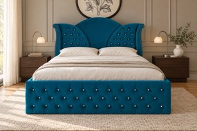 Pat tapițat Chesterfield din catifea Velora Deluxe 140×200 cm, turcoaz, cu ladă de depozitare