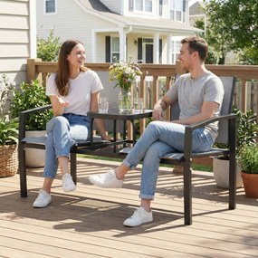 Outsunny Bancă de grădină pentru 2 persoane cu spătar și brațere, masă din sticlă în 2 niveluri, rezistă la 240 kg 135 x 67 x 81 cm Gri | Aosom Romania