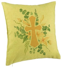 Perna Decorativa, Model Florala cu Cruce, 40x40 cm, Verde, Husa Detasabila, Burduf