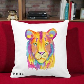 Perna Decorativa Leu Acuarela Curcubeu, 40x40 cm, Alba Mata, Husa Detasabila, Perna Inclusa, BEKZ®