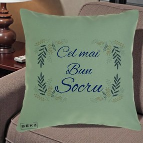 Cadou pentru Socru - Perna Personalizata Cel mai Bun Socru cu Ramuri Frunze Albastre si Aurii, 40x40 cm, Verde, Husa Detasabila, Perna Inclusa, BEKZ®
