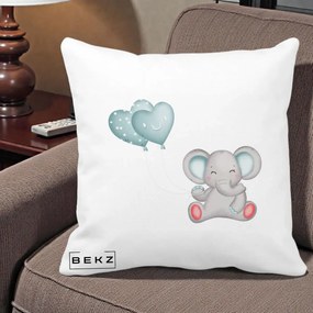 Perna Decorativa Elefant si baloane in forma de inimioare, 40x40 cm, Alba Mata, Husa Detasabila, Perna Inclusa, BEKZ®