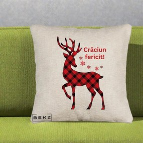 Perna Decorativa Ren Tartan Craciun Fericit, 40x40 cm, Bej Canapea, Husa Detasabila, Perna Inclusa, BEKZ®
