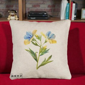 Perna Decorativa Botanica Frezie Galbena si Albastra, 40x40 cm, Bej Canapea, Husa Detasabila, Perna Inclusa, BEKZ®