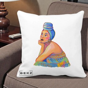 Perna Decorativa Portret Femeie Contemplativa, 40x40 cm, Alba Mata, Husa Detasabila, Perna Inclusa, BEKZ®