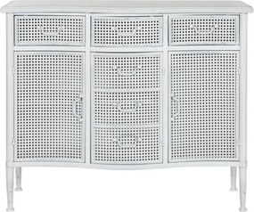 Bufet vintage din metal, alb, cu 3 uși și 3 sertare din tablă perforată, stil industrial, finisaj antichizat, 85 x 101 x 42 cm, „Merej”