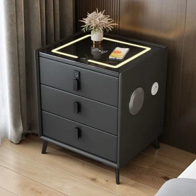 RESIGILAT- Noptieră inteligentă multifuncțională, 3 sertare, blocare cu amprentă, LED-uri tactile, 3 tipuri de culoare, încărcare fără fir, Difuzor Bluetooth, incarcare USB, sticla securizata, Negru