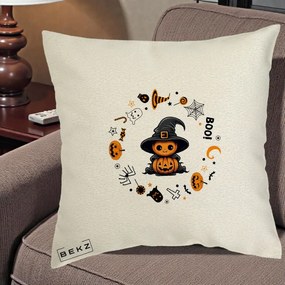 Perna Decorativa Halloween Dovleac Vrajitor Boo cu Simboluri, 40x40 cm, Ecru, Husa Detasabila, Perna Inclusa, BEKZ®