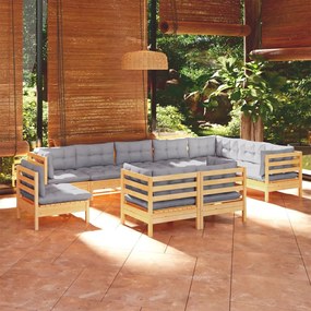 3096778 vidaXL Set mobilier grădină cu perne, 10 piese, gri, lemn masiv pin