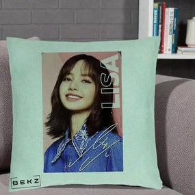 Perna Personalizata K-pop BLACKPINK Lisa cu Semnatura, 40x40 cm, Verde Menta, Husa Detasabila, Perna Inclusa, BEKZ®