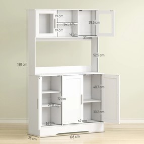 HOMCOM Dulap Bucătărie de 180cm, Dulap Înalt cu 4 Compartimente, Uși din Sticlă Securizată, 2 Rafturi Deschise, Rafturi Reglabile, Blat pentru Electrocasnice, pentru Bucătărie sau Living, Alb | Aosom Romania