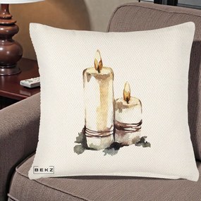 Perna Decorativa Lumanari Acuarela Iarna, 40x40 cm, Crem Reliefat, Husa Detasabila, Perna Inclusa, BEKZ®