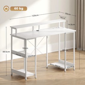 HOMCOM Birou pentru Computer Reversibil cu Rafturi, 120x50 cm, cu Prize și Lumini LED, Alb cu Efect de Lemn | Aosom Romania