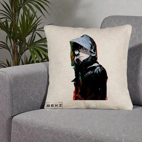 Perna Personalizata Tokyo Ghoul Ken Kaneki cu Masca si Gluga, 40x40 cm, Bej Canapea, Husa Detasabila, Perna Inclusa, BEKZ®