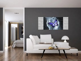 Tablou - Fluture violet pe perete (120x50 cm)