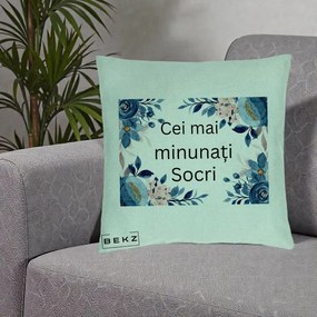 Cadou pentru Socri - Perna Personalizata Cei mai Minunati Socri cu Flori Albastre si Roz, 40x40 cm, Verde Menta, Husa Detasabila, Perna Inclusa, BEKZ®