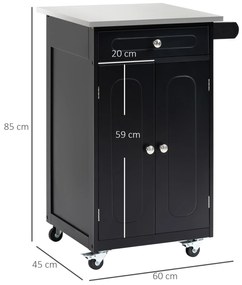 HOMCOM Căruț de servire pentru bucătărie pe roți, multiple spații de depozitare, 1 sertar, dulap cu 2 uși și raft, suport prosop, MDF negru, oțel inoxidabil | Aosom Romania