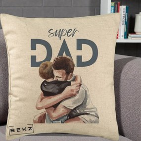 Cadou pentru Tata - Perna Personalizata Super Dad Tata si Fiu Imbratisare, 40x40 cm, Bej, Husa Detasabila, Perna Inclusa, BEKZ®