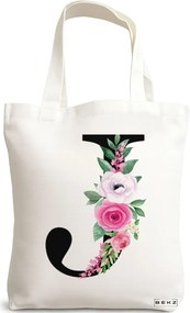 Sacosa de Panza pentru Cumparaturi, Geanta Tote, Cu litera J si Trandafiri, 38x34.5 cm, Alba, BEKZ®