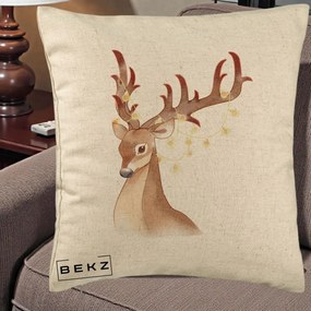 Perna Decorativa Ren cu Luminite de Craciun, 40x40 cm, Bej, Husa Detasabila, Perna Inclusa, BEKZ®